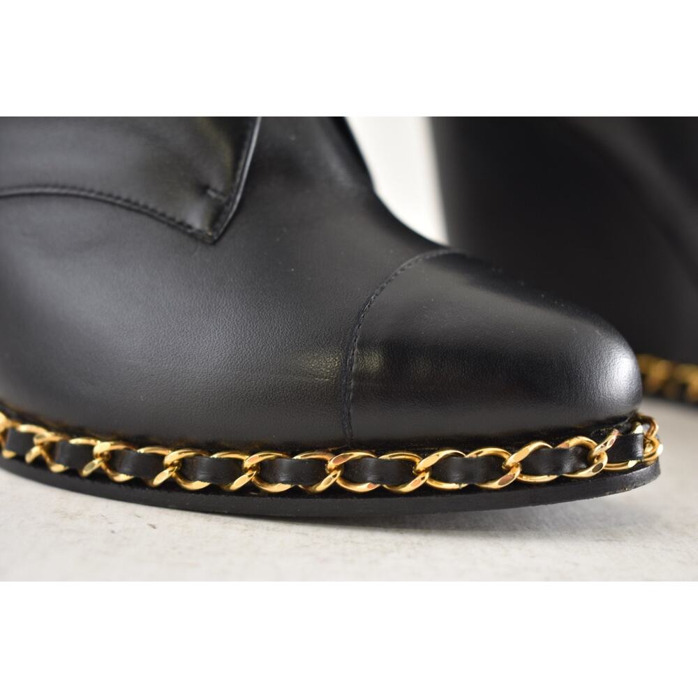 Chanel Black Leather Gold Chain Around CC Logo Lace Up Tie Ankle Wedge Boot 38.5 - Picture 5 of 16